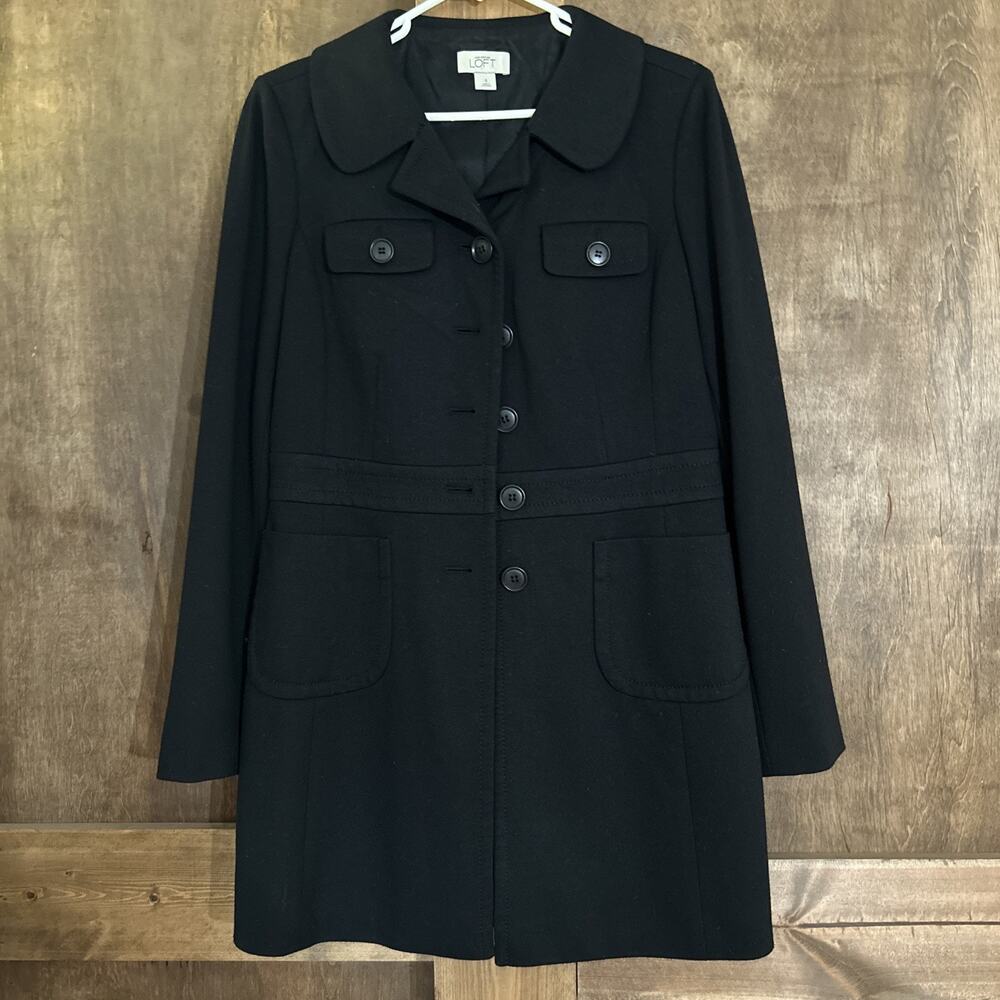 Ann Taylor Loft Button Flat Top Chest Pockets Faux Belt Womens Coat Size 8 Black